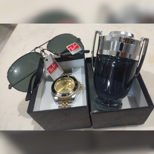 Combo Lujo Hombre: Reloj Rolex AAA + Gafas Ray-Ban Tipo Piloto + Perfume Invictus 100ml | Kit de Regalo y Estilo para Caballero con Envío GRATIS